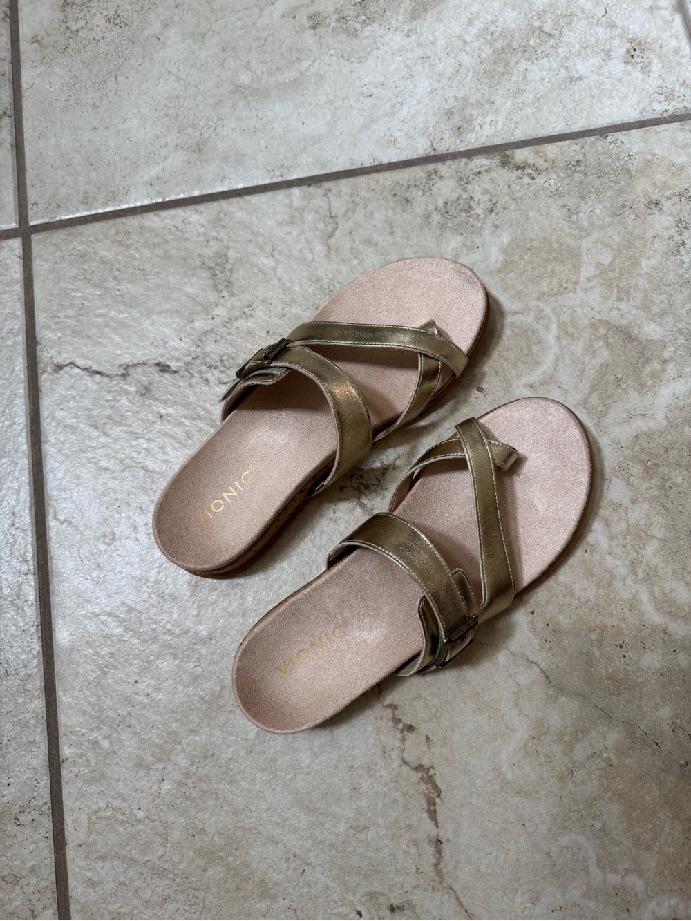 Vionic Metallic Gold Cross-Strap Slide Sandals New